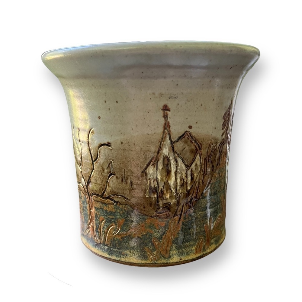 Studio Pottery Vase or Spooner Etched Landscape Design